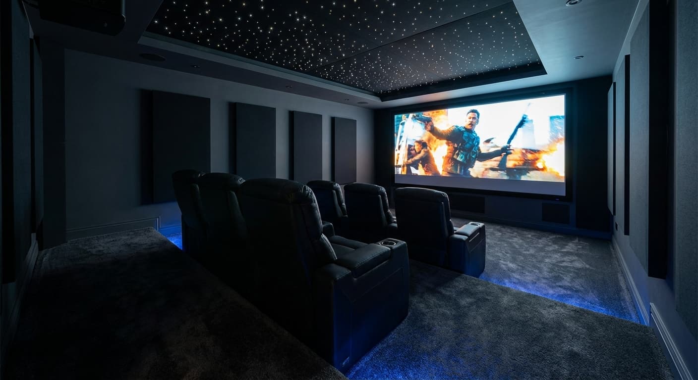 Dark charcoal carpet in a finished basement home theater