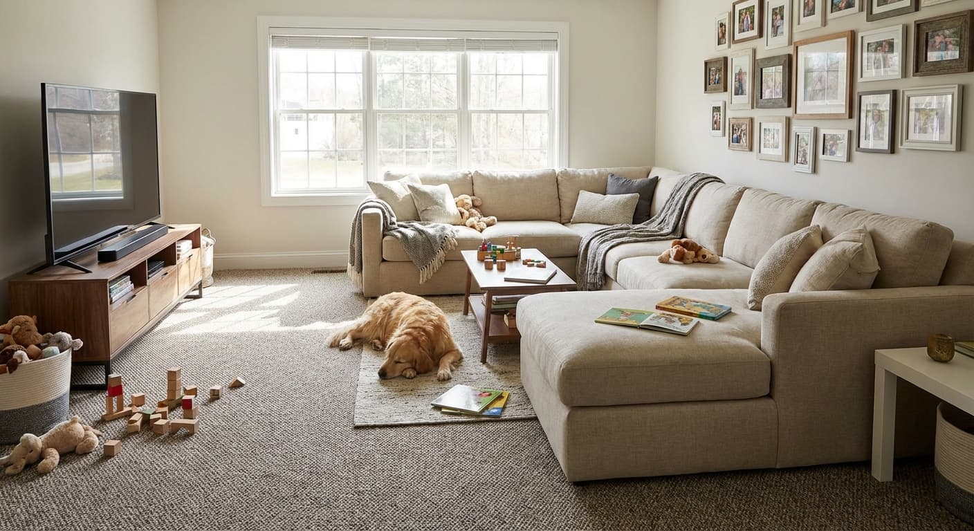 Neutral Berber loop carpet in a cozy family room