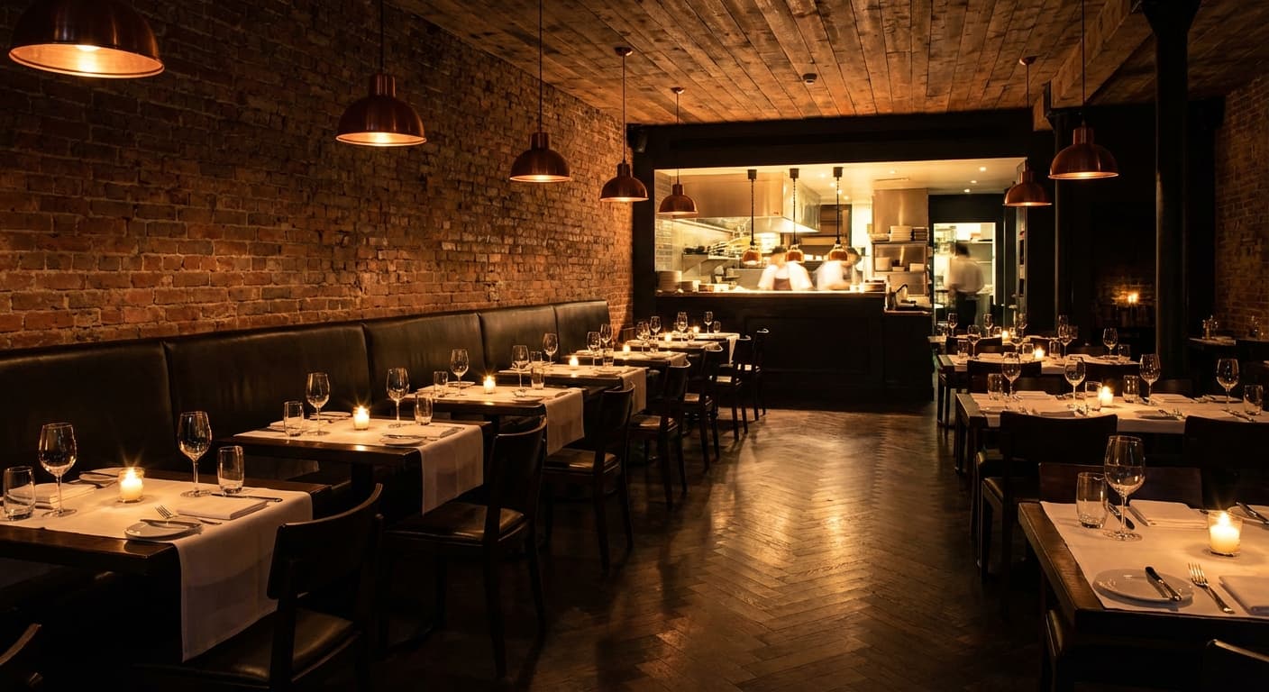 Dark walnut hardwood flooring in an upscale restaurant dining room