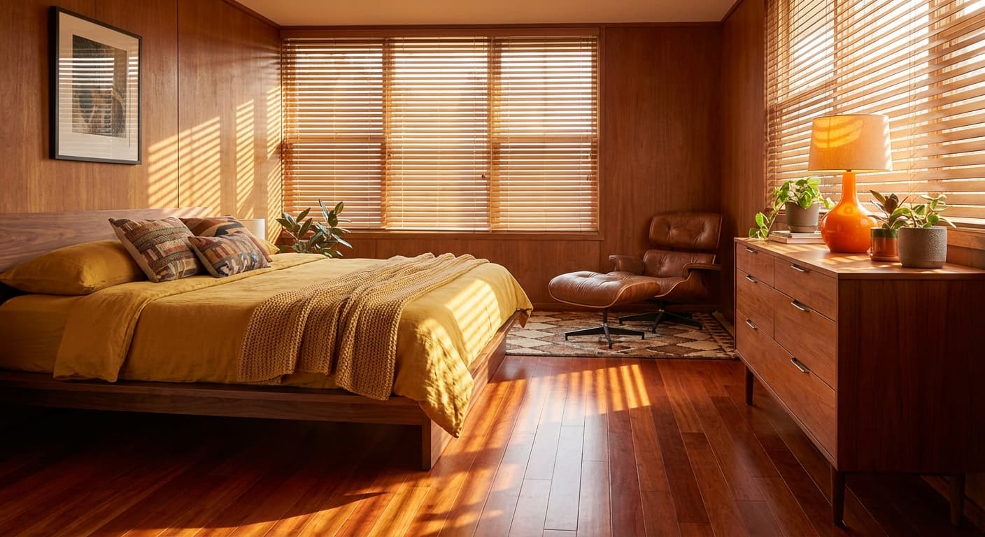 Warm honey-toned maple hardwood flooring in a serene master bedroom