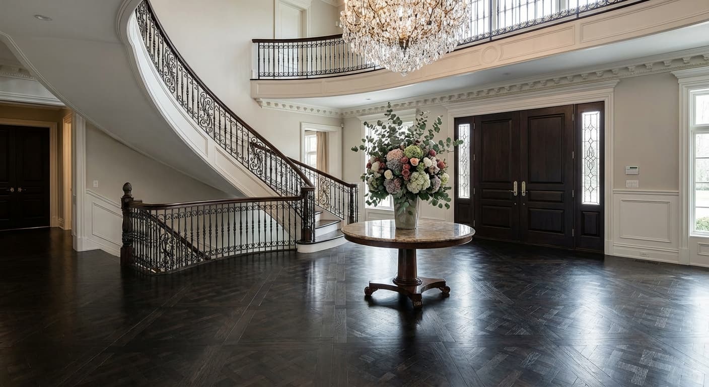 Dark espresso hardwood flooring in a grand foyer with sweeping staircase