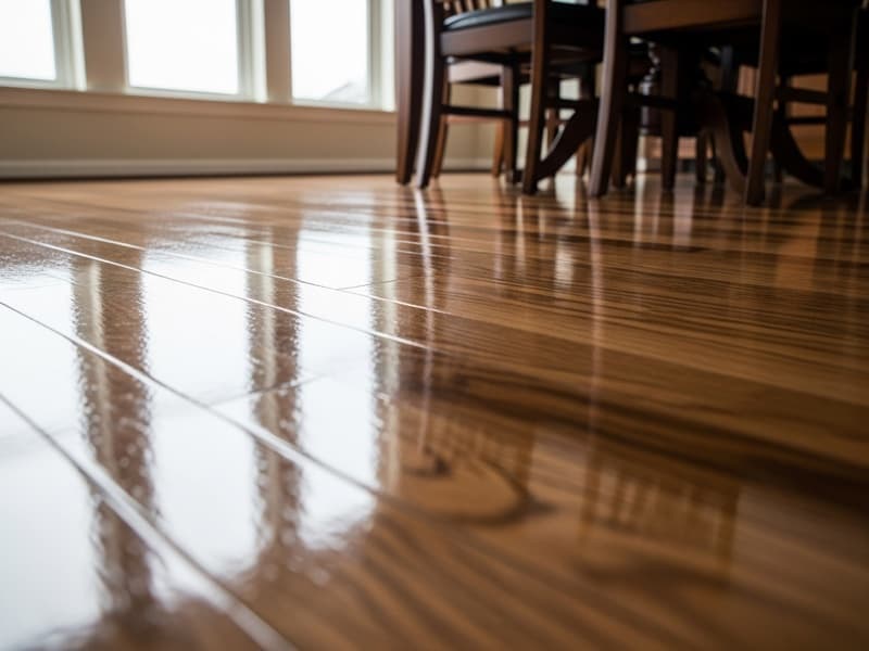 Dark walnut stain applied to refinished hardwood in a classic dining room