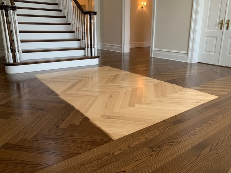Beautifully refinished herringbone hardwood in a historic home foyer