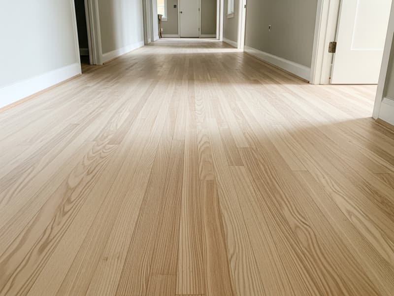 Sanded and sealed hardwood floors in a long residential hallway