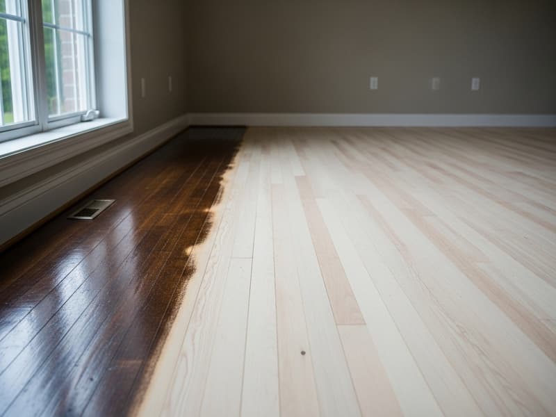 Freshly refinished oak hardwood floors gleaming in a sunlit living room