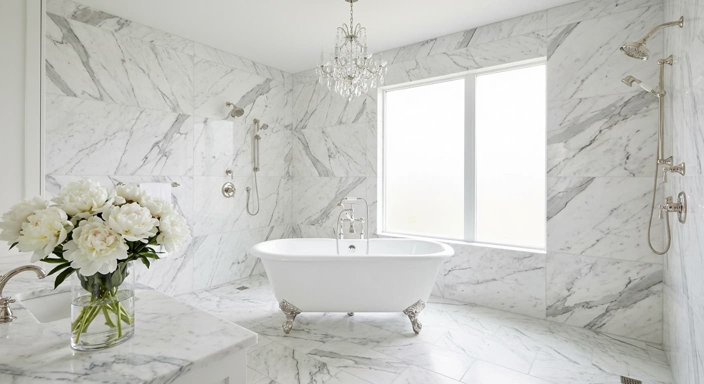 Large-format porcelain tile flooring in a luxurious spa-like master bathroom