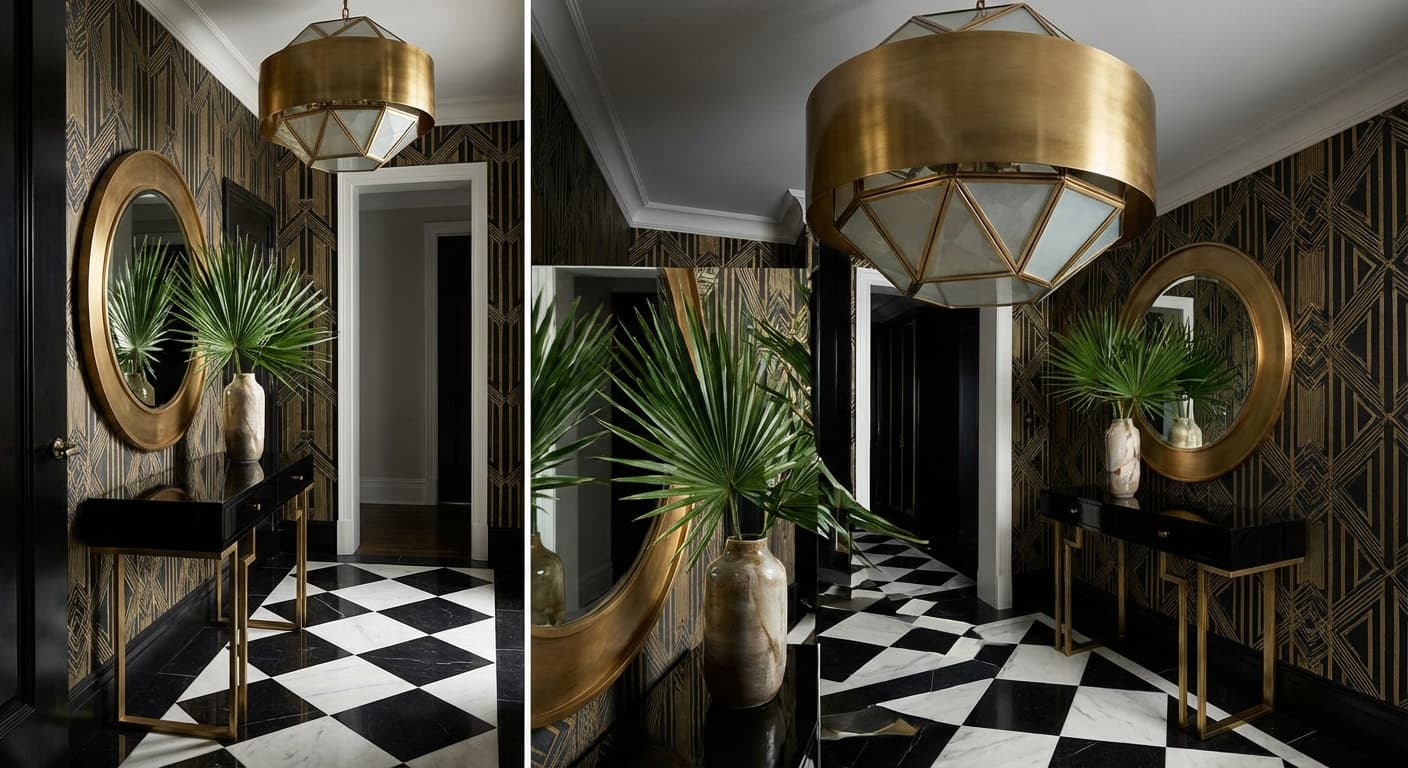 Polished marble-look porcelain tile flooring in a grand residential entryway