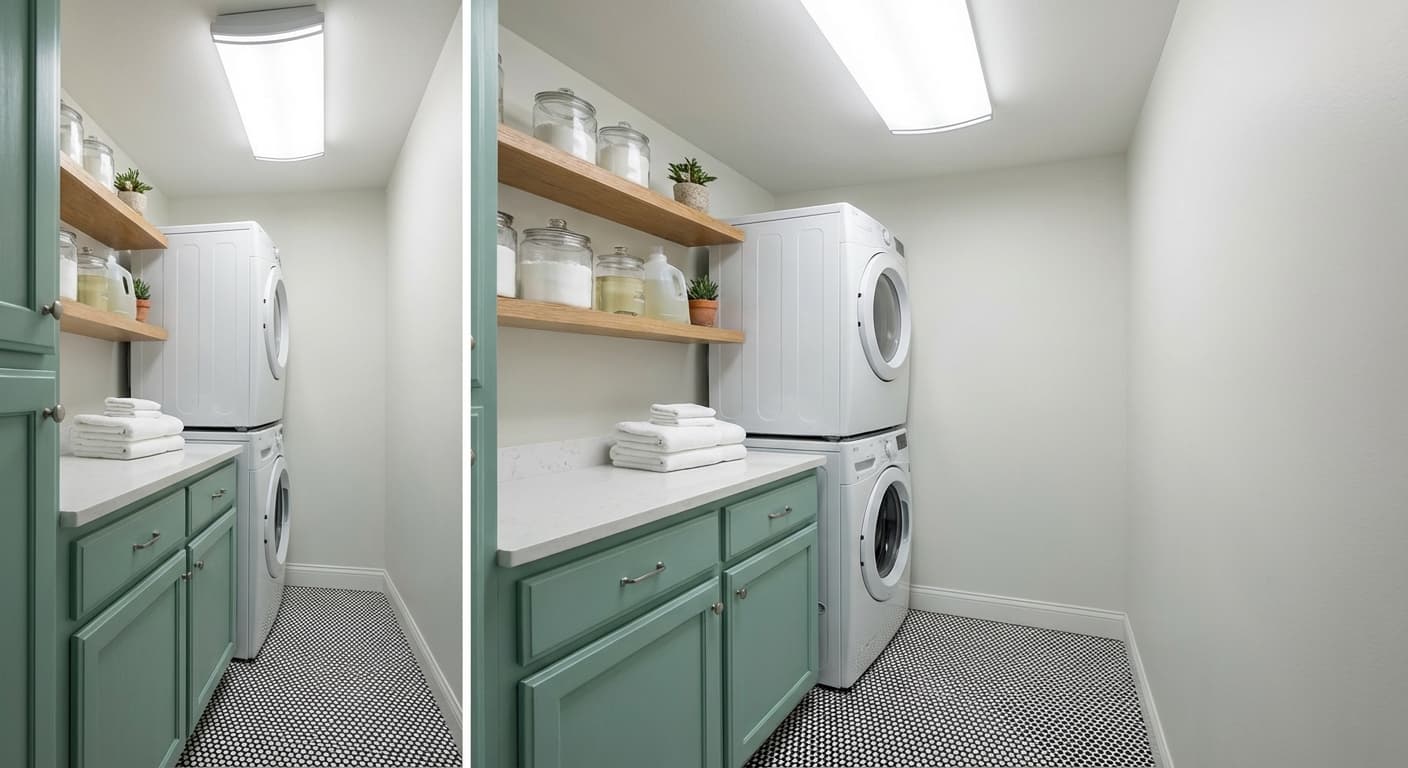 White hexagonal mosaic tile flooring in a bright laundry room