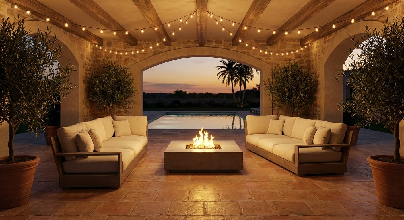 Natural stone tile flooring on a covered outdoor patio with evening lighting